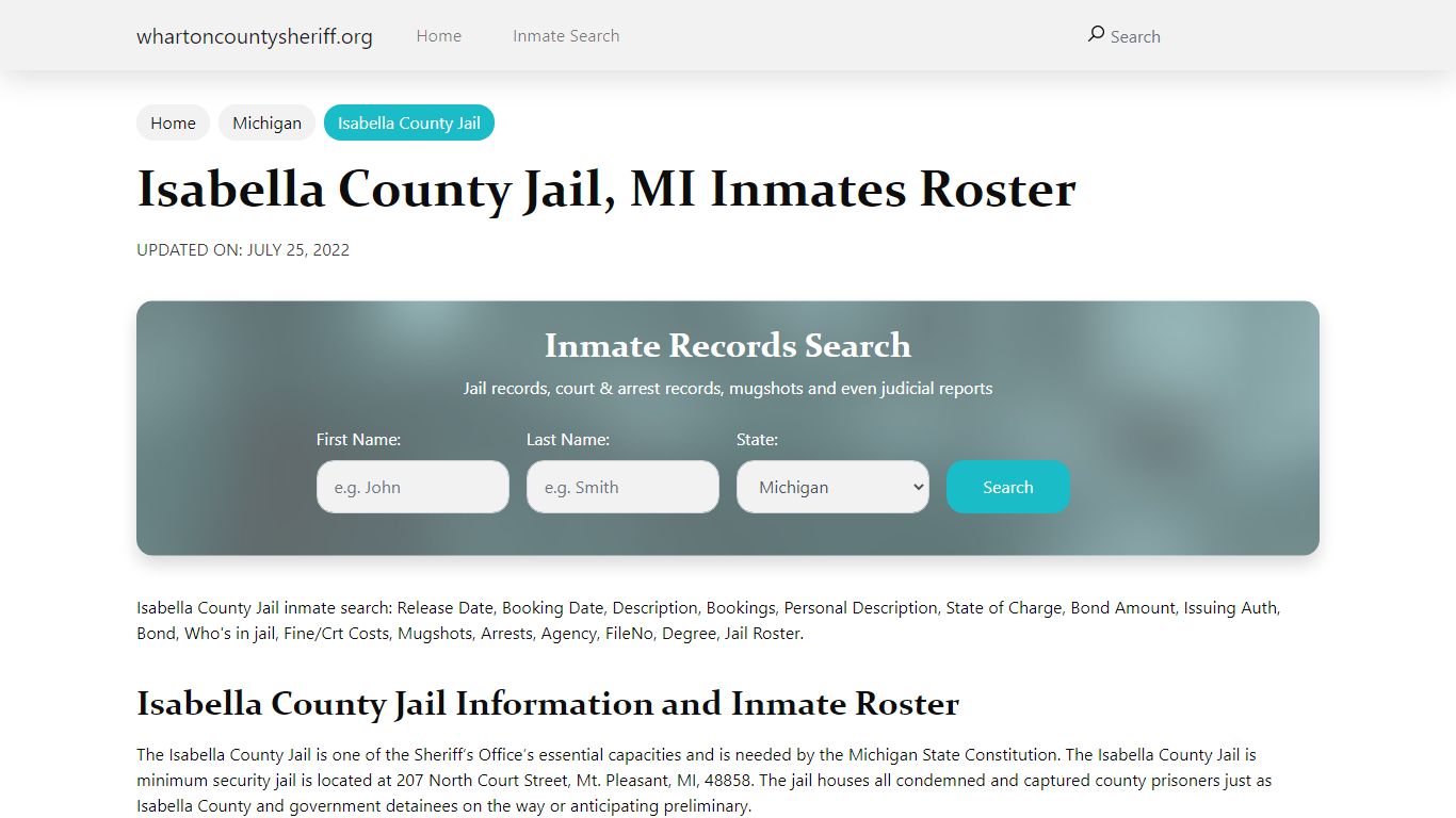 Isabella County Jail, MI Jail Roster, Name Search
